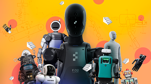 An illustration showing a variety of humanoid robots, including Atlas, Digit, a science fiction robot, and a toy, along with floating stairs.