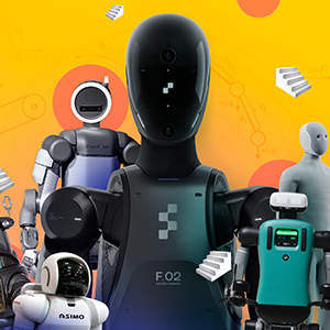 An illustration showing a variety of humanoid robots, including Atlas, Digit, a science fiction robot, and a toy, along with floating stairs.