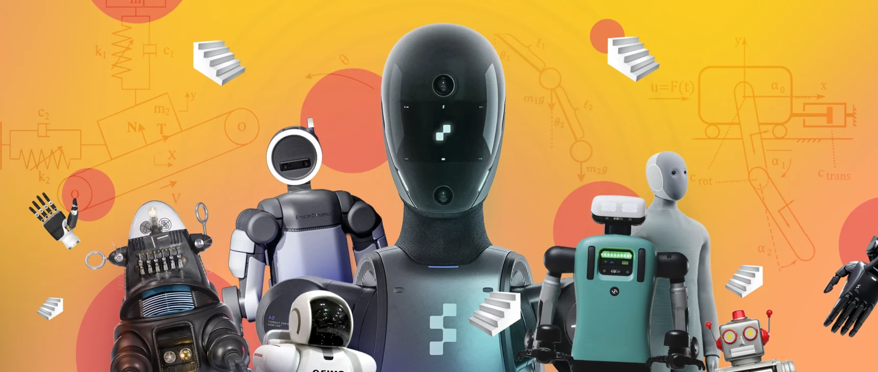 An illustration showing a variety of humanoid robots, including Atlas, Digit, a science fiction robot, and a toy, along with floating stairs.