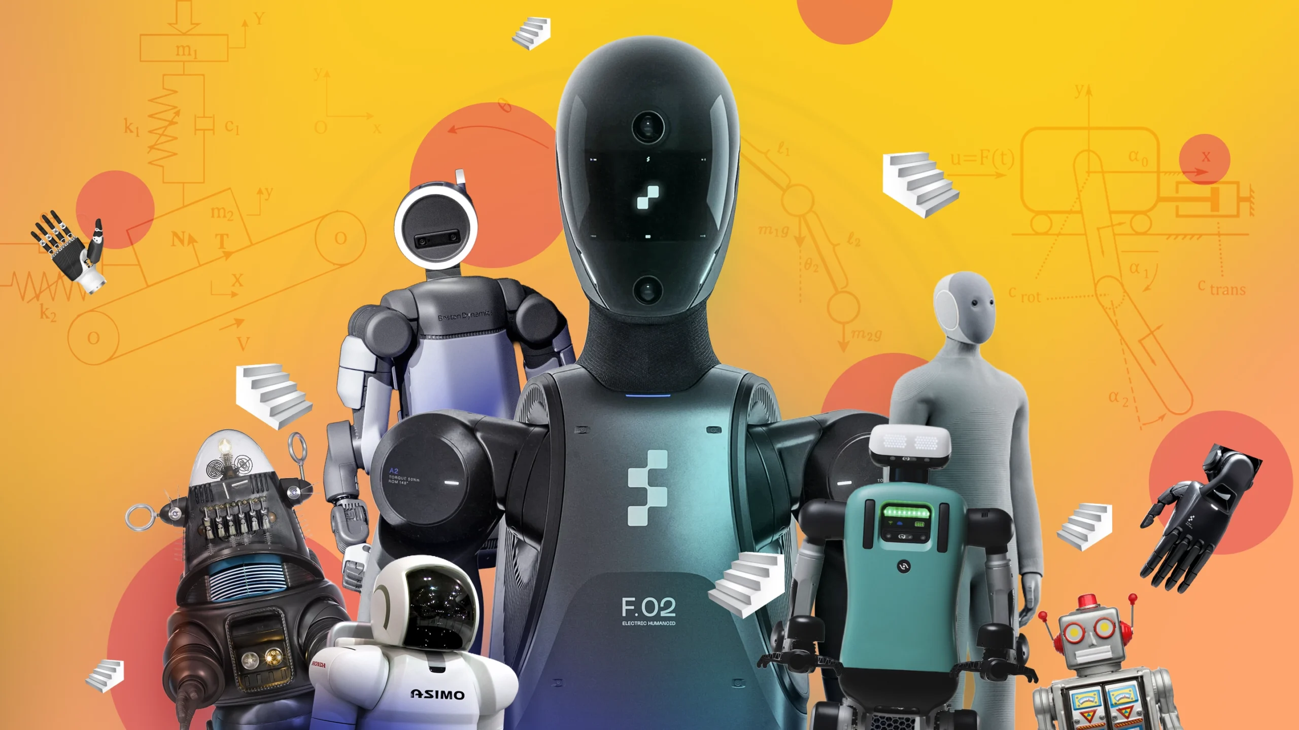 An illustration showing a variety of humanoid robots, including Atlas, Digit, a science fiction robot, and a toy, along with floating stairs.