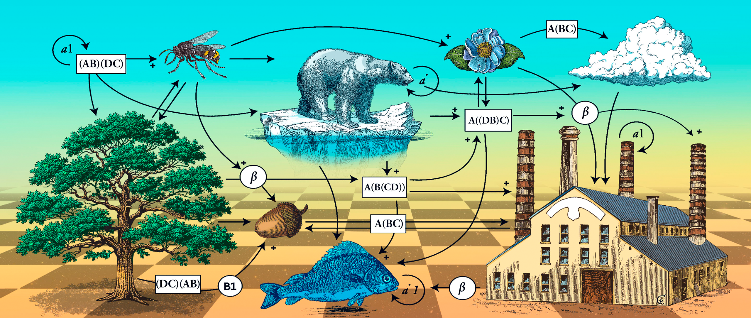 An illustration showing a variety of objects — a factory, cloud, polar bear, fish, and more — connected by straight and looping arrows to boxes containing mathematical notation.