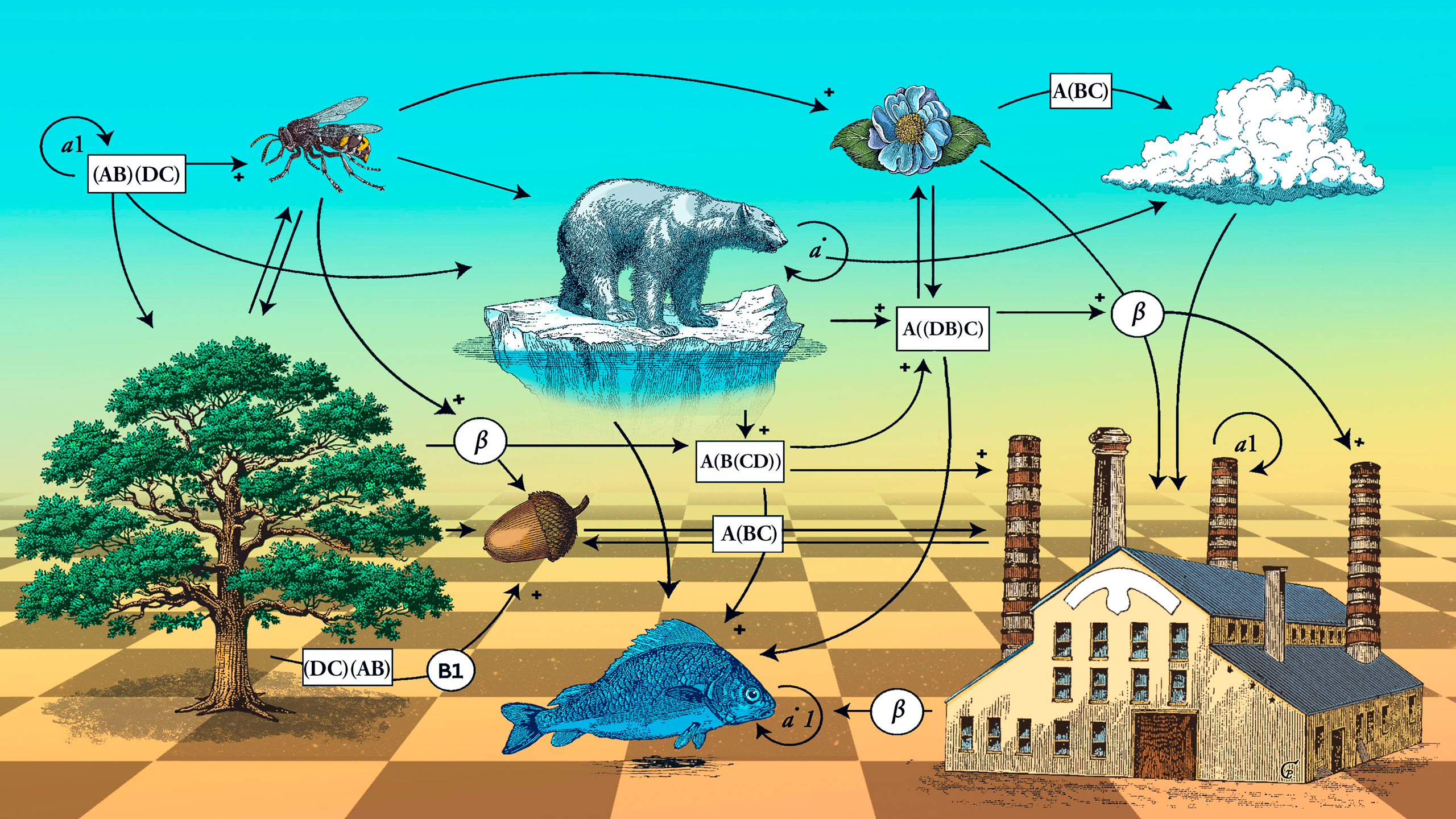 An illustration showing a variety of objects — a factory, cloud, polar bear, fish, and more — connected by straight and looping arrows to boxes containing mathematical notation.