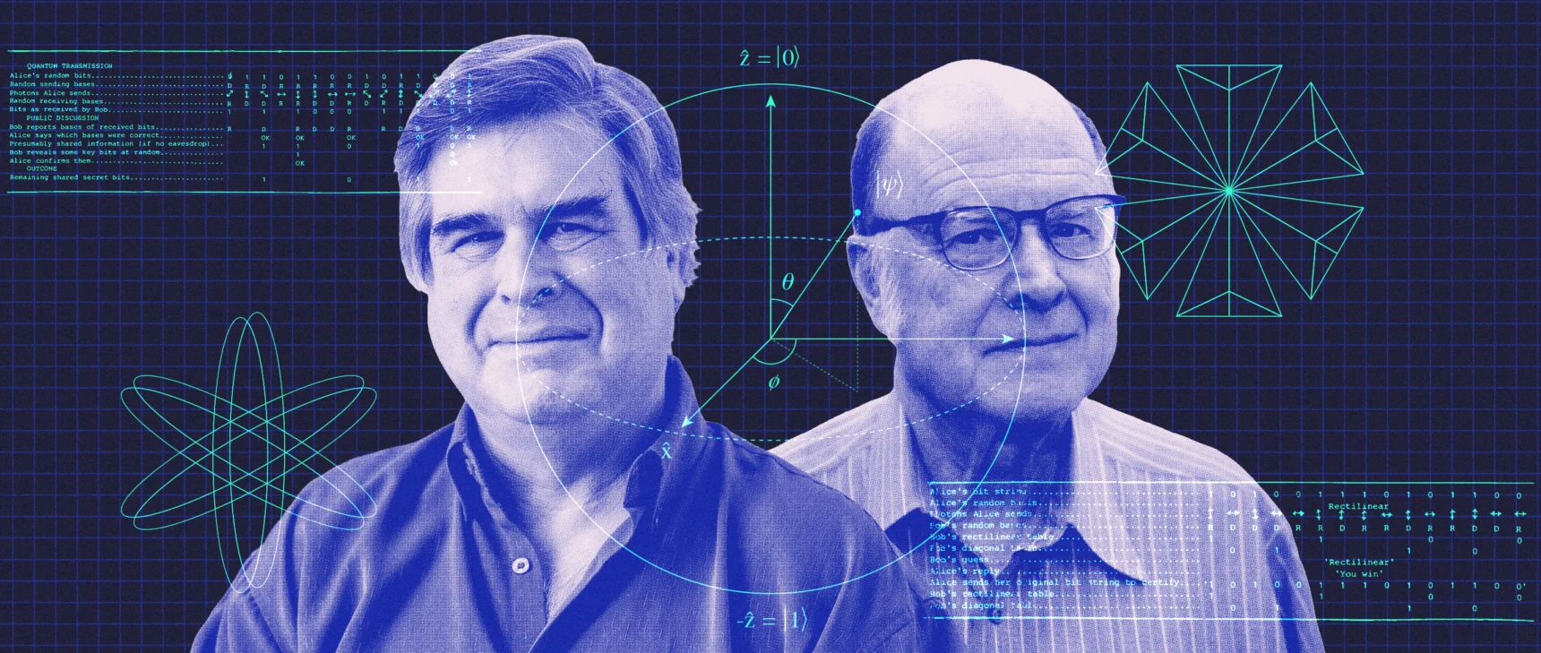 A collage with Gilles Brassard (left) and Charles Bennett.