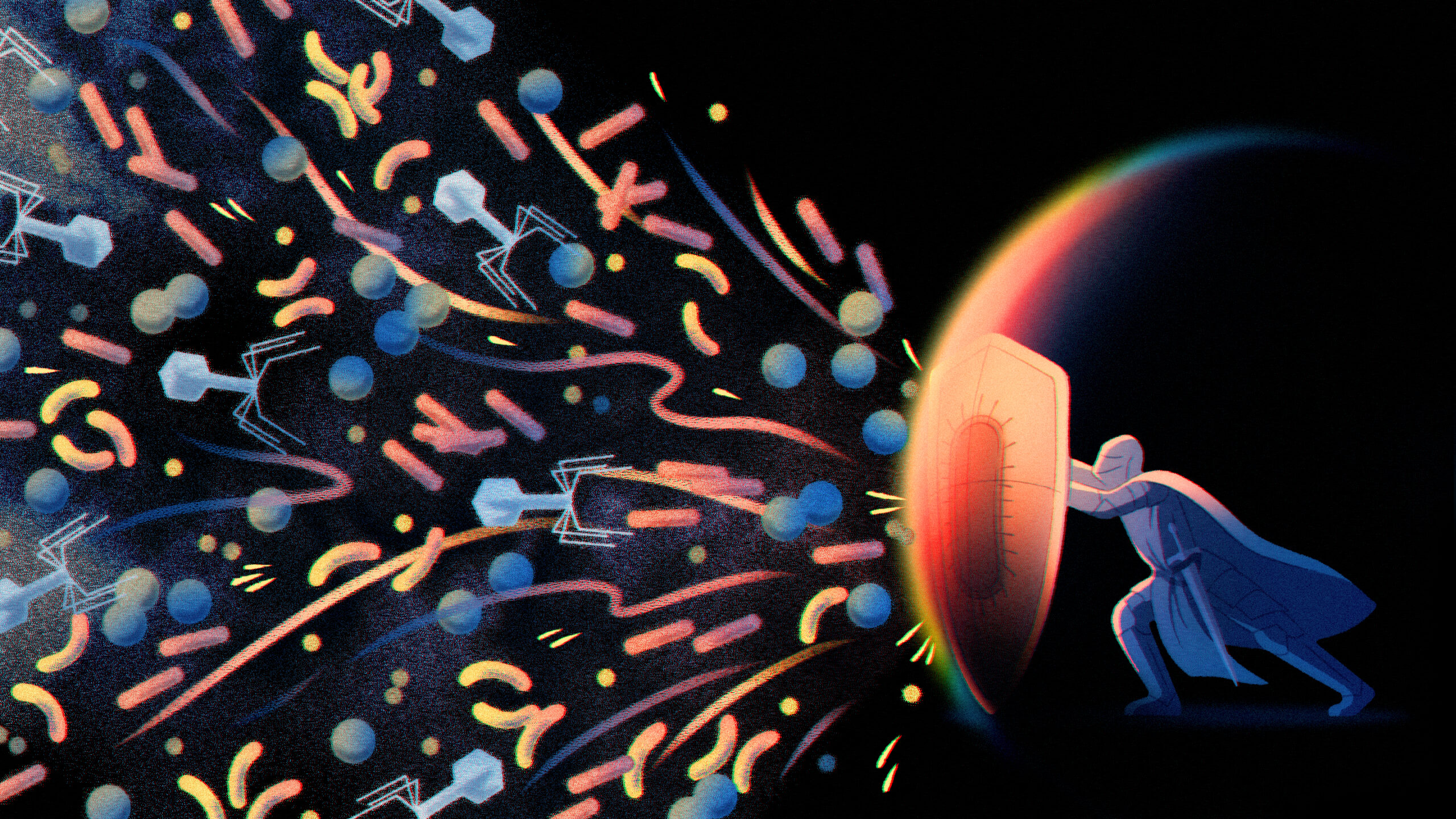 Illustration of ancient bacterial immune defenses mirroring human immunity, by Maggie Chiang