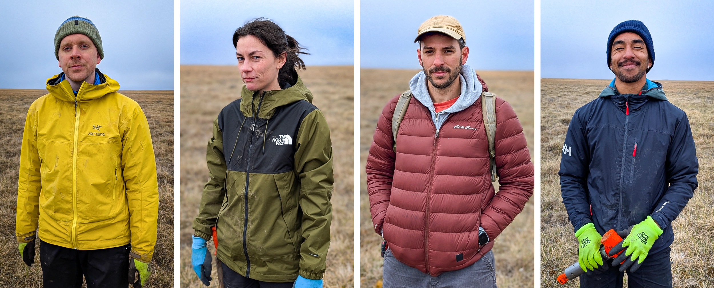 A grid of four photographs, each of them a portrait of a researcher standing in the Arctic tundra.