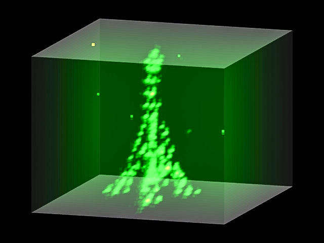 Dozens of glowing green dots form the shape of the Eiffel Tower.