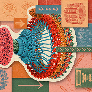 A collage illustration depicting a model of the proteins in a flagellar motor, surrounded by images of vintage rotors and gears, and diagrams of bacteria.