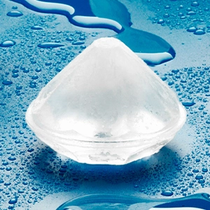 A photograph of ice cubes molded into different shapes—including a sphere, a snowflake, a diamond, and a dinosaur—scattered across a blue surface.