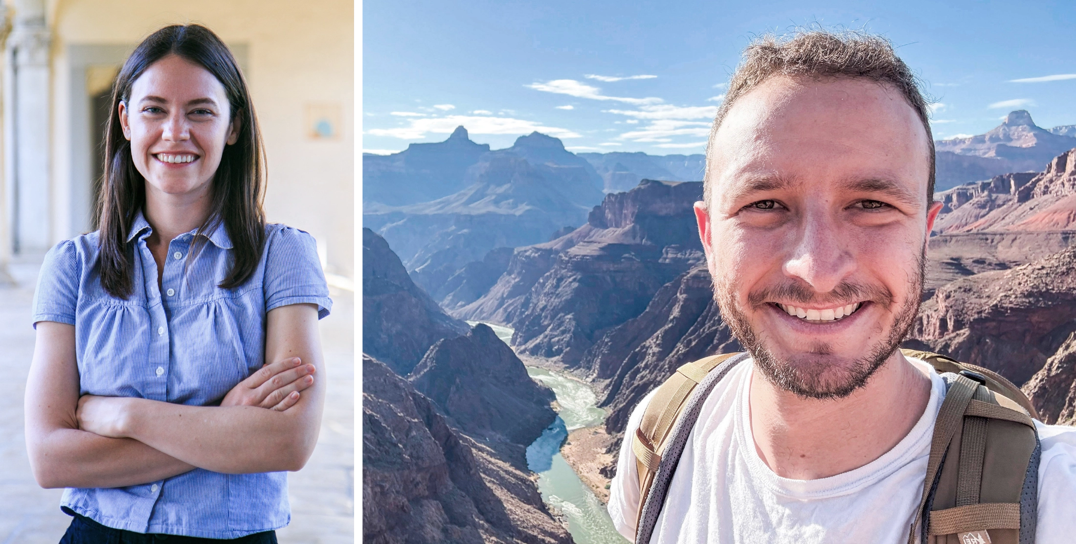 Two side by side photos of two people. On the left, a young woman with shoulder-length dark hair smiles with her arms crossed, wearing a light blue short-sleeve button-up shirt. On the right, a smiling man with short dark hair and a short beard wearing a white t-shirt and carrying a tan backpack.