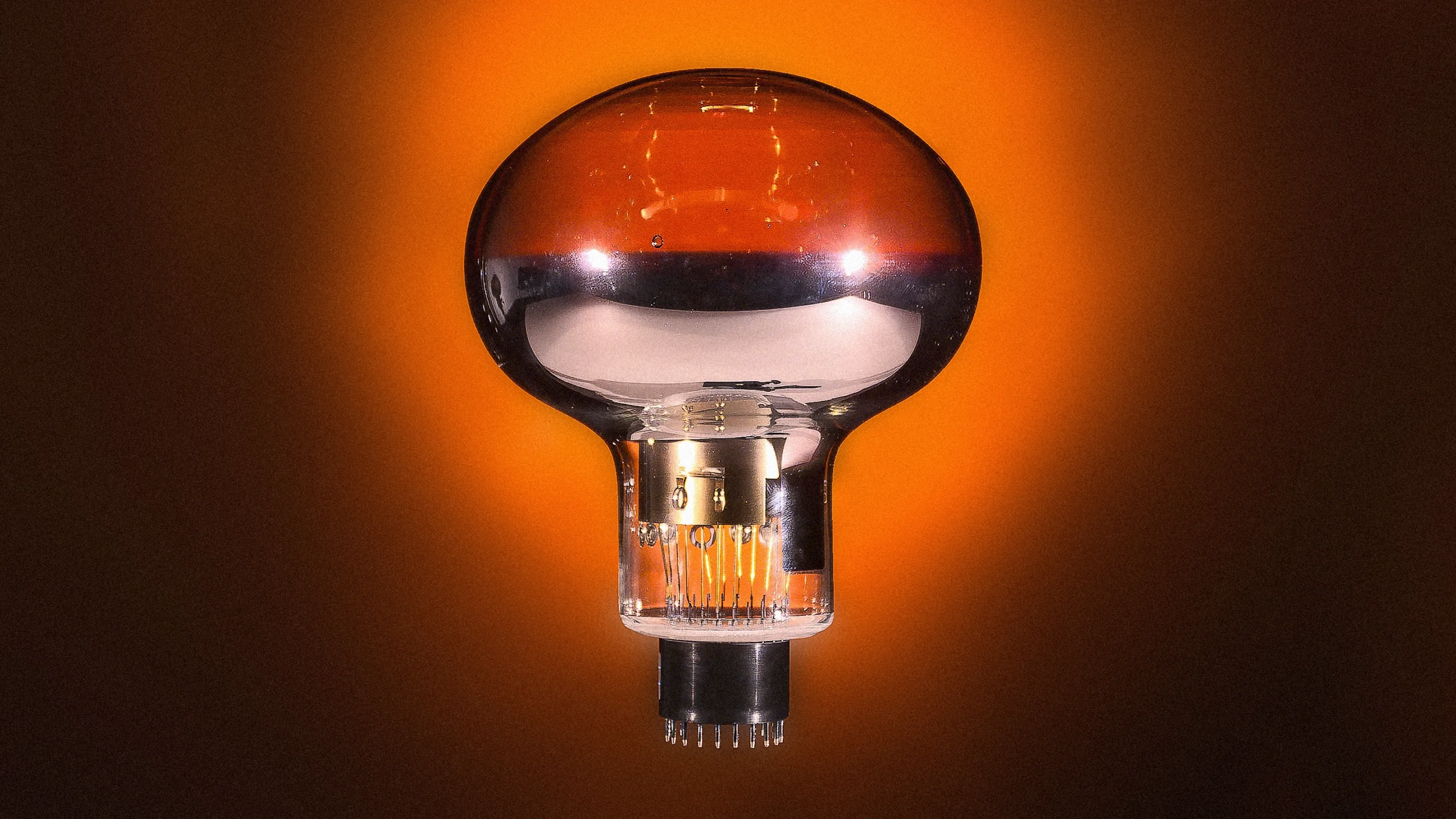 A metallic photomultiplier tube that looks like a large light bulb.