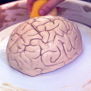 A clay brain spins on a pottery wheel.