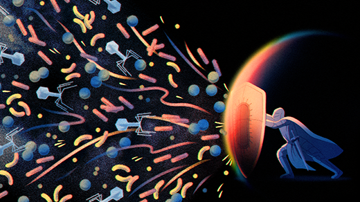 An illustration shows a knight kneeling behind a shield engraved with an image of a bacterium, with which he defends against an onslaught of viruses.
