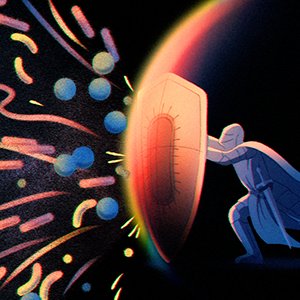 An illustration shows a knight kneeling behind a shield engraved with an image of a bacterium, with which he defends against an onslaught of viruses.