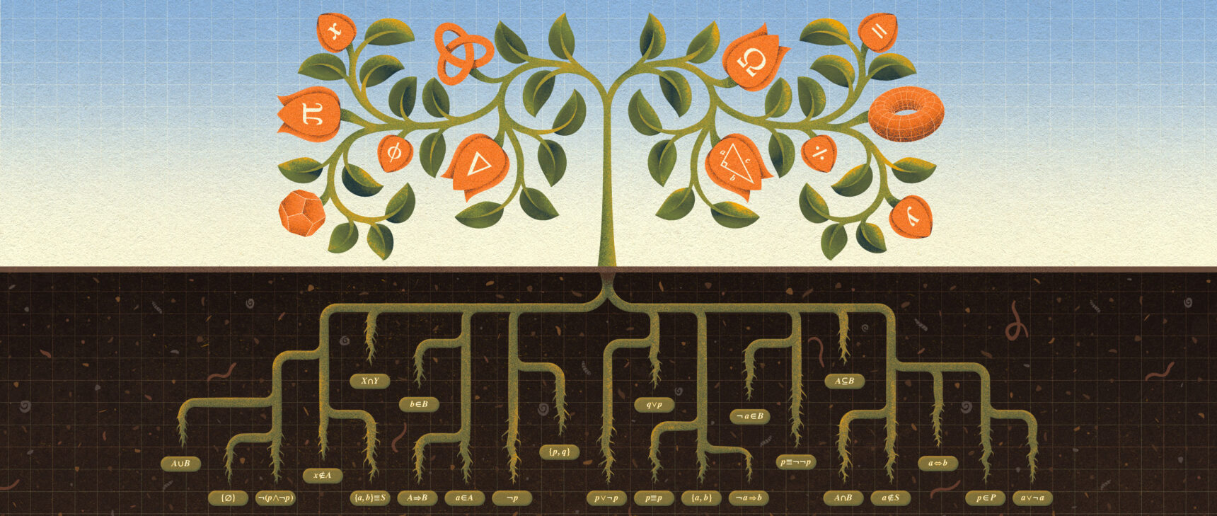 Blooming flower with mathematical symbols with roots extending into the ground