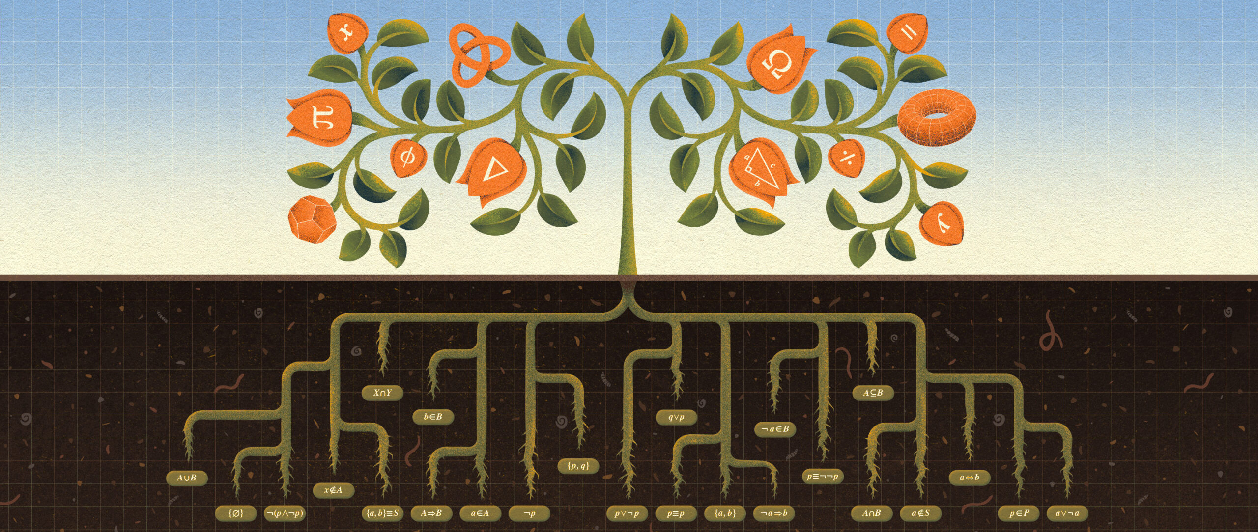 Blooming flower with mathematical symbols with roots extending into the ground