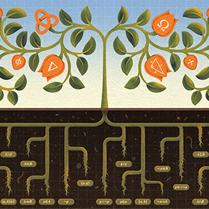 Blooming flower with mathematical symbols with roots extending into the ground