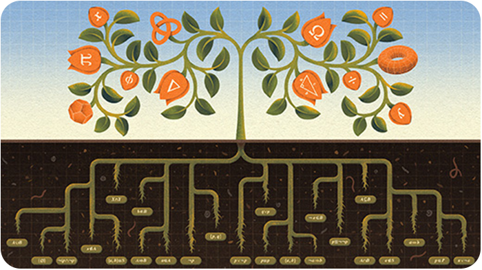 Blooming flower with mathematical symbols with roots extending into the ground