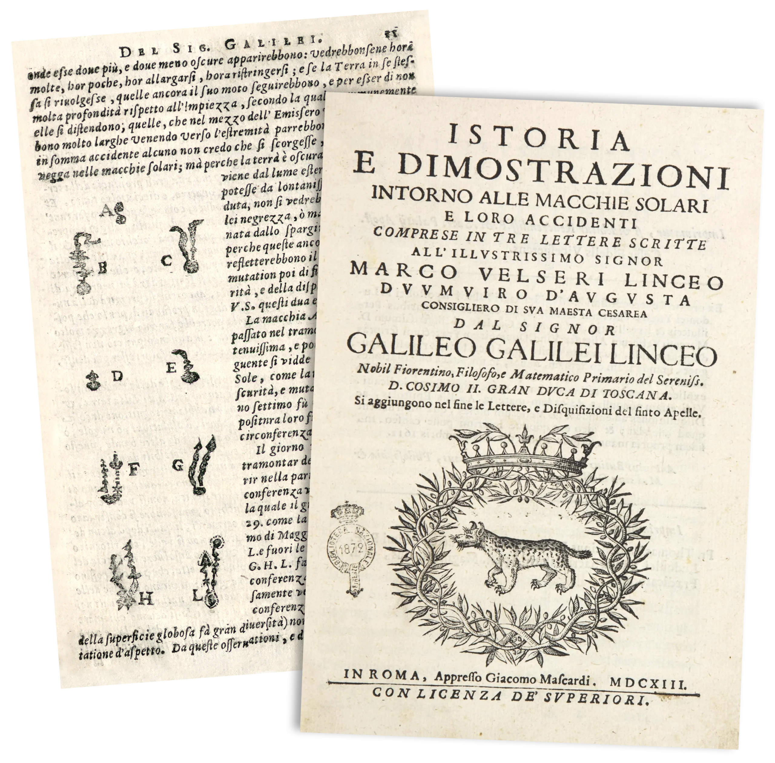 Title page of Galileo Galilei’s Istoria e Dimostrazioni Intorno alle Macchie Solari e Loro Accidenti. The title appears in large typeface, below it is a woodcut emblem depicting a wild-cat-like animal within a laurel wreath beneath a crown. Behind the title page is a page from inside the book showing illustrated observations of sunspots.