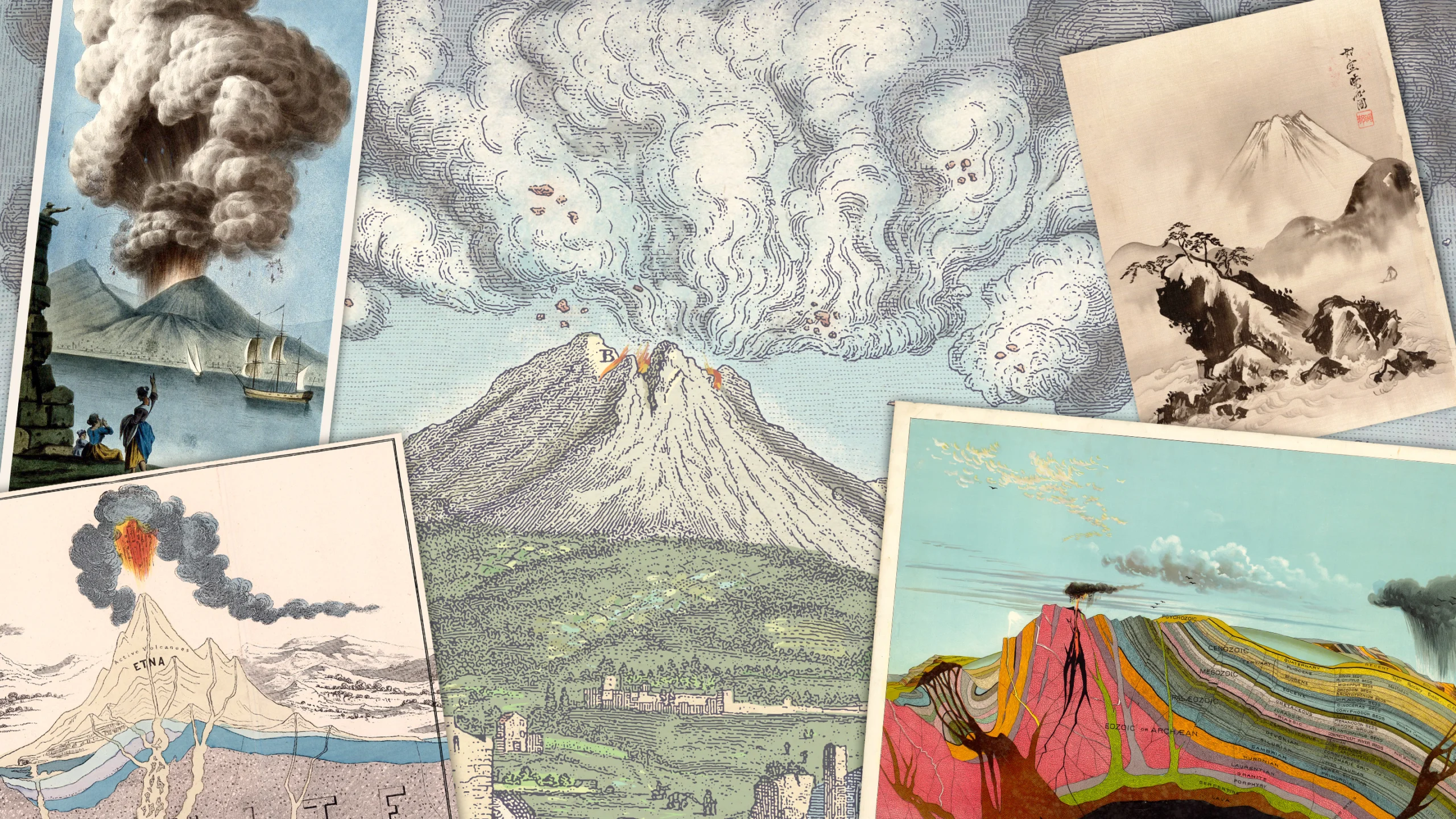 A collage of illustrations of volcanoes erupting or dormant, in a variety of styles, including in cross-section.