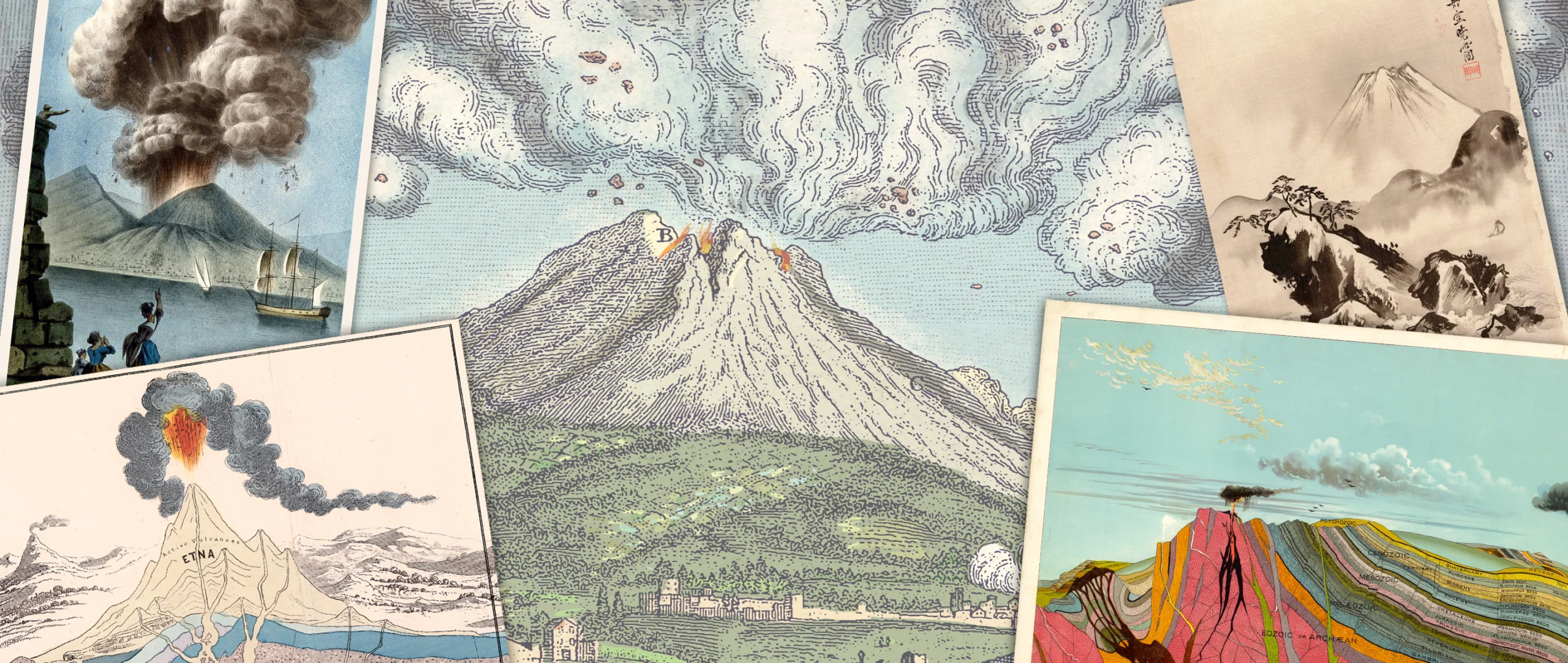 A collage of illustrations of volcanoes erupting or dormant, in a variety of styles, including in cross-section.