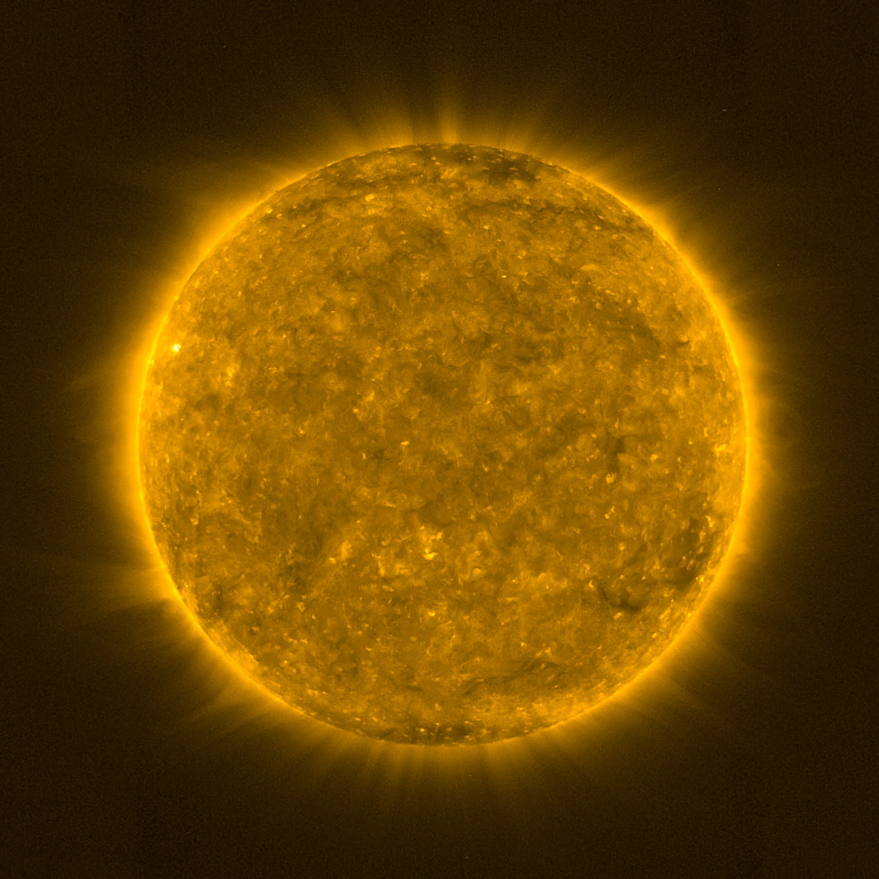 This image shows the sun near solar minimum, where the disk appears relatively smooth and calm.