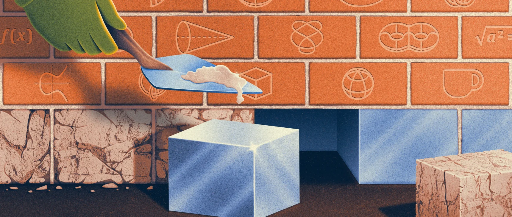 An illustration of a brick wall with mathematical symbols.