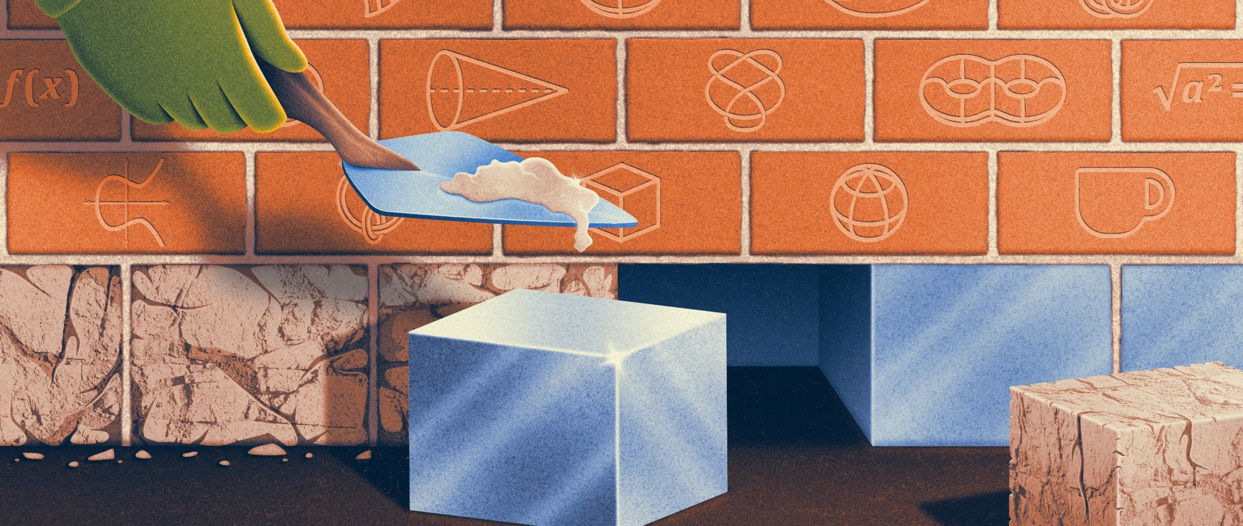 An illustration of a brick wall with mathematical symbols.