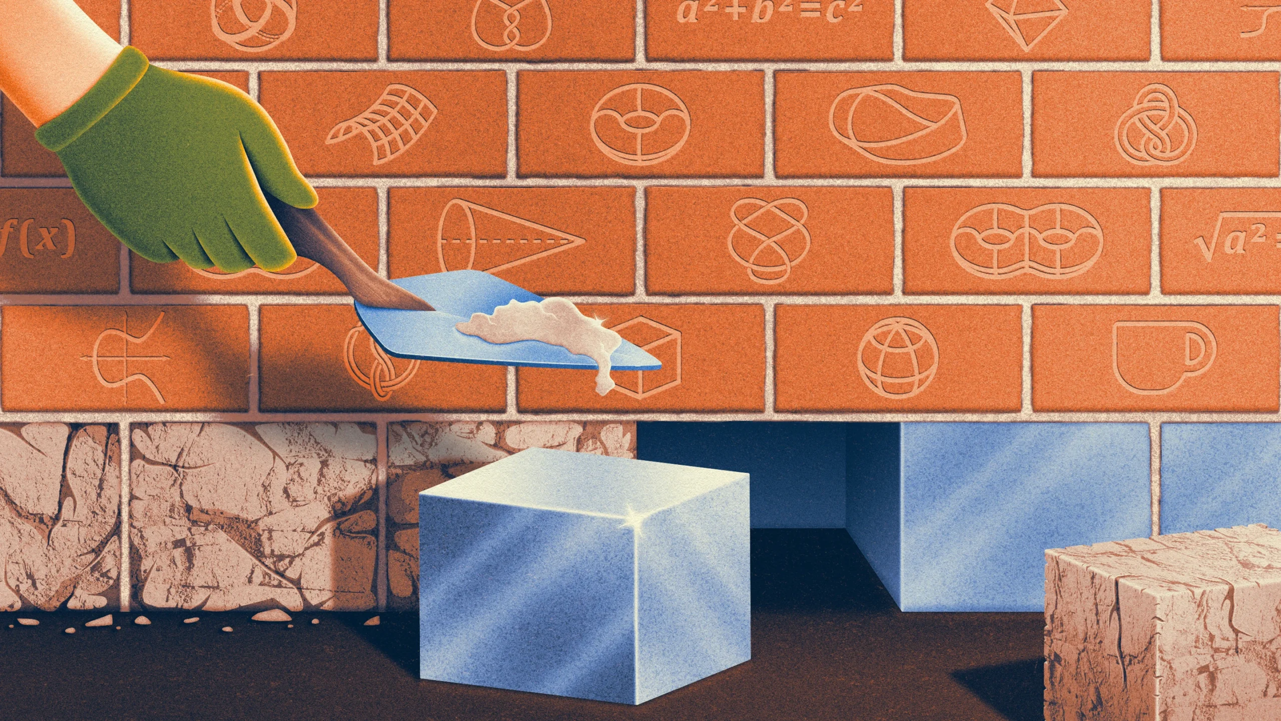 An illustration of a brick wall with mathematical symbols.