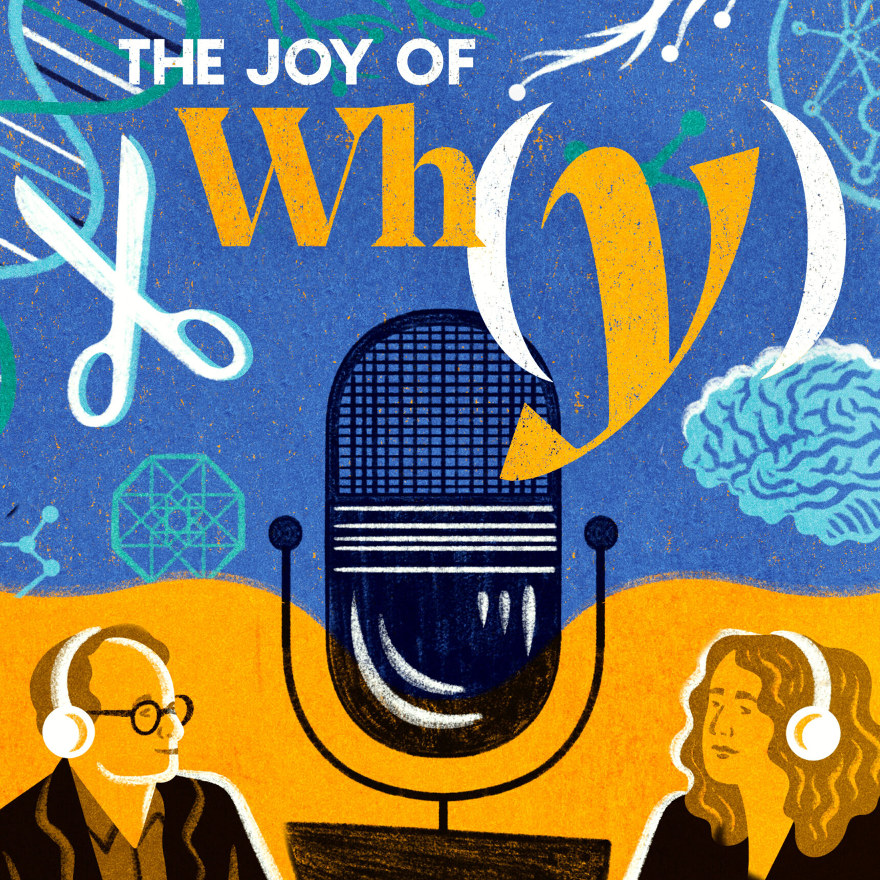 Two people speaking into a microphone surrounded by scientific symbols
