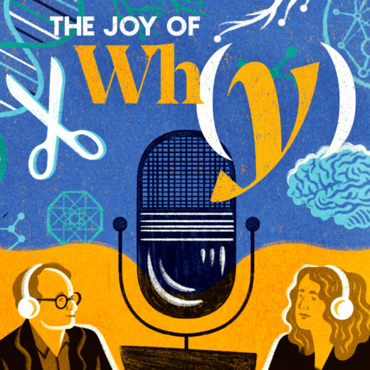 Two people speaking into a microphone surrounded by scientific symbols