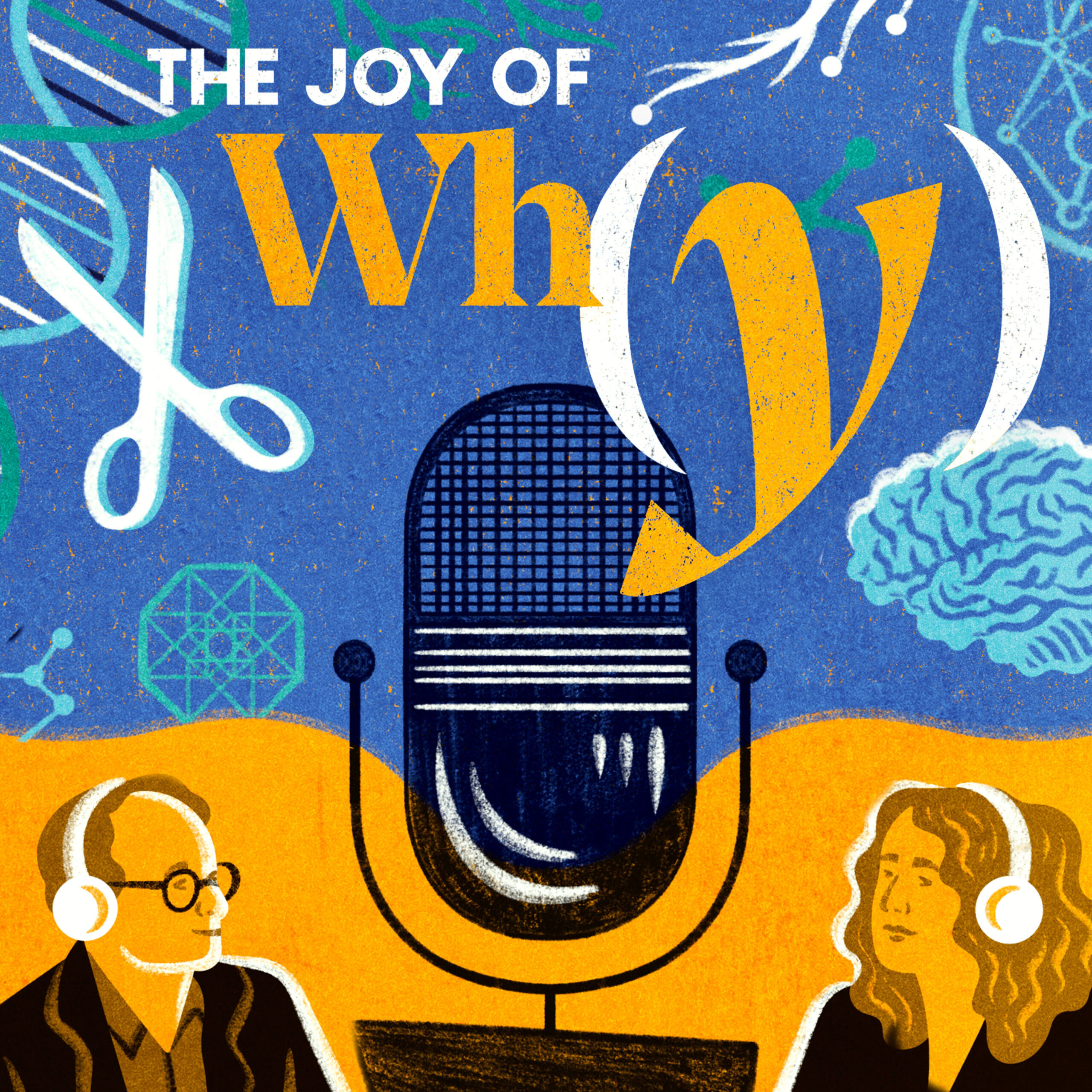Two people speaking into a microphone surrounded by scientific symbols