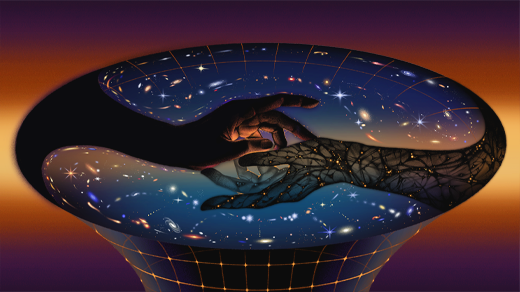 Two dark hands touching surrounded by a universe