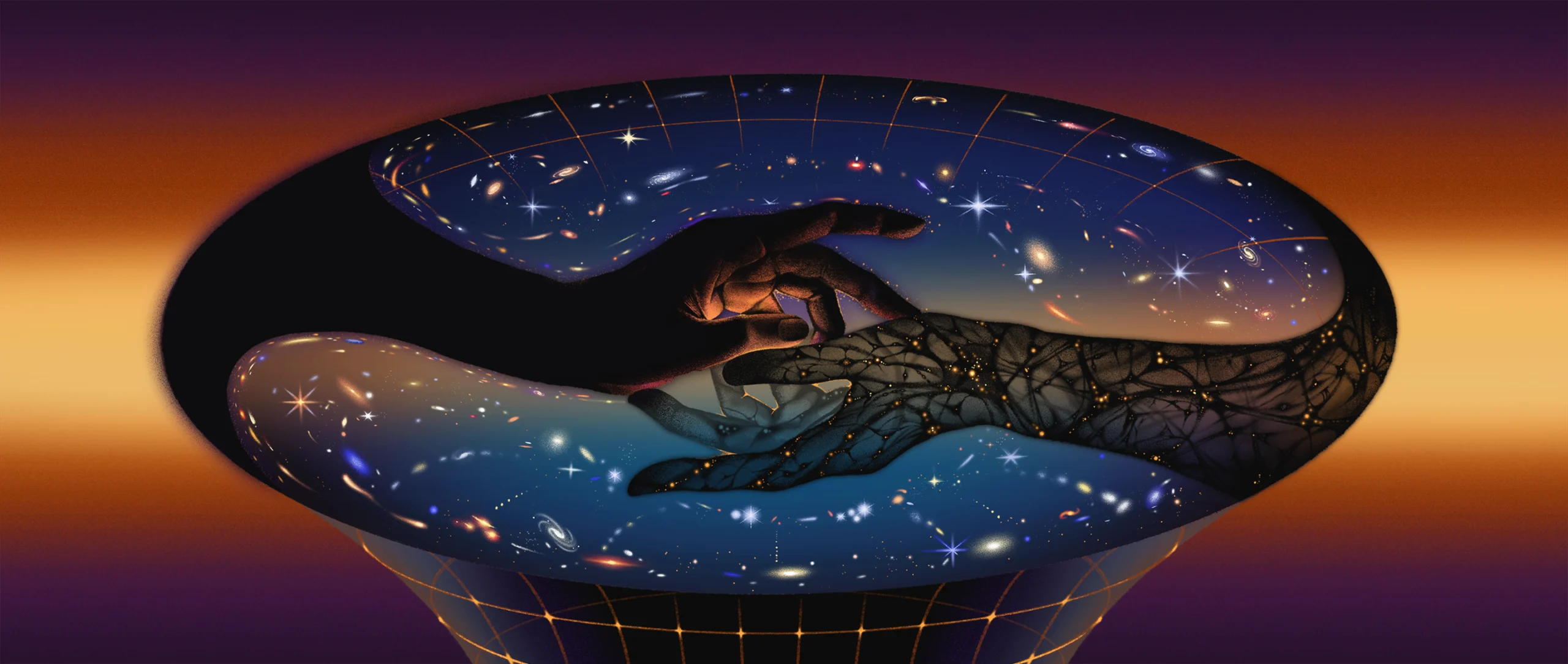 Two dark hands touching surrounded by a universe