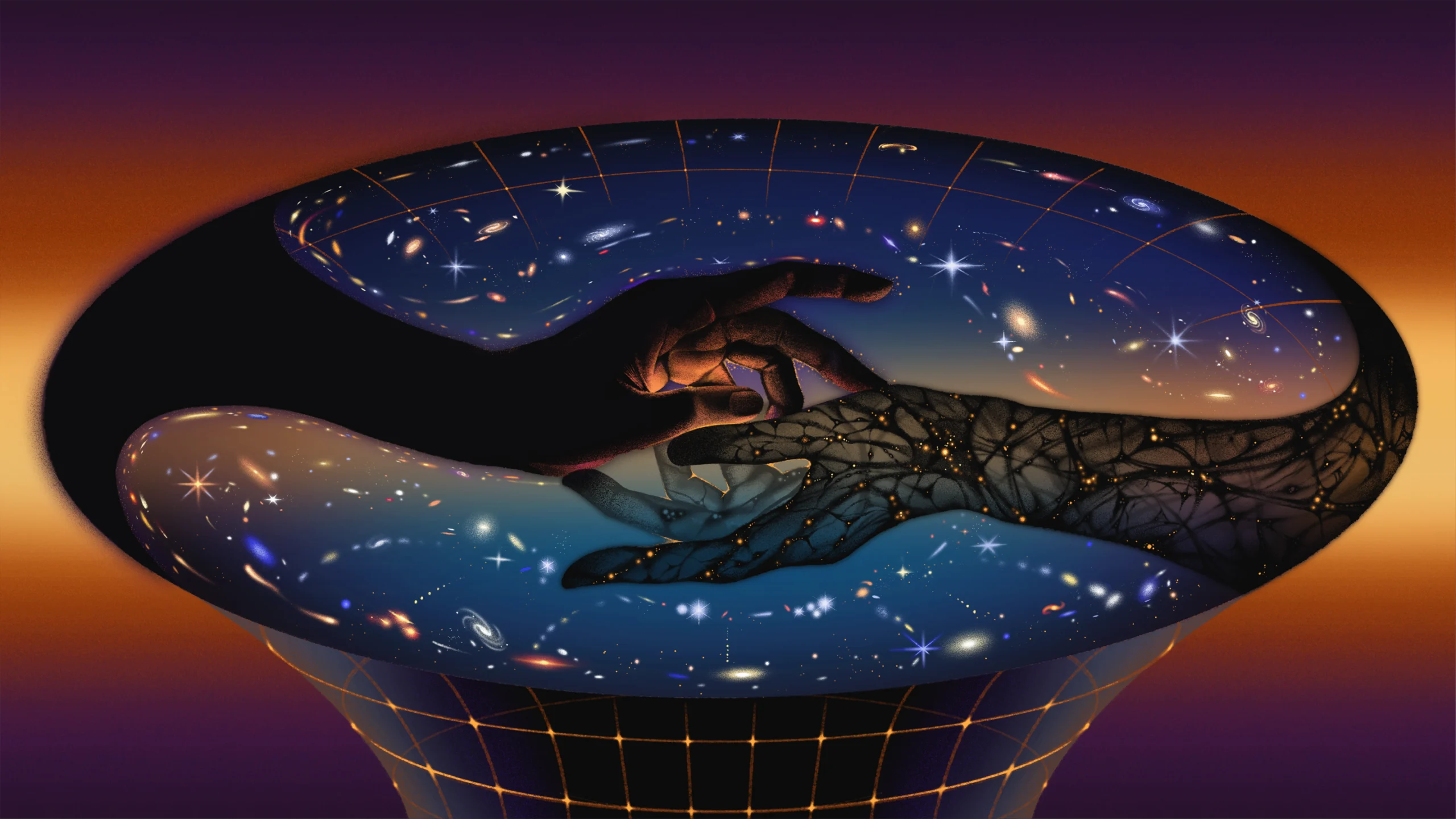 Two dark hands touching surrounded by a universe