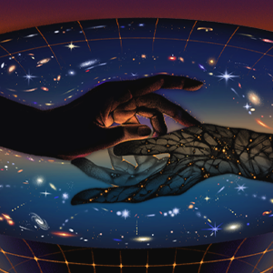Two dark hands touching surrounded by a universe