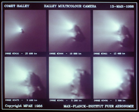 Grid of six photographs of the dark nucleus of Halley’s comet emitting a spray of light particles.