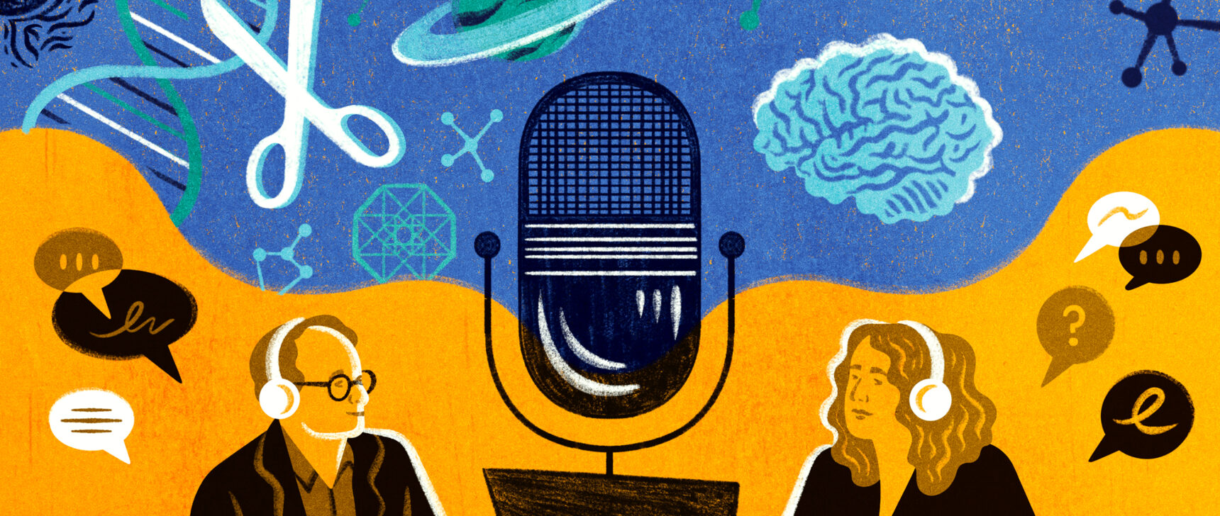 Two people speaking into a microphone surrounded by scientific symbols