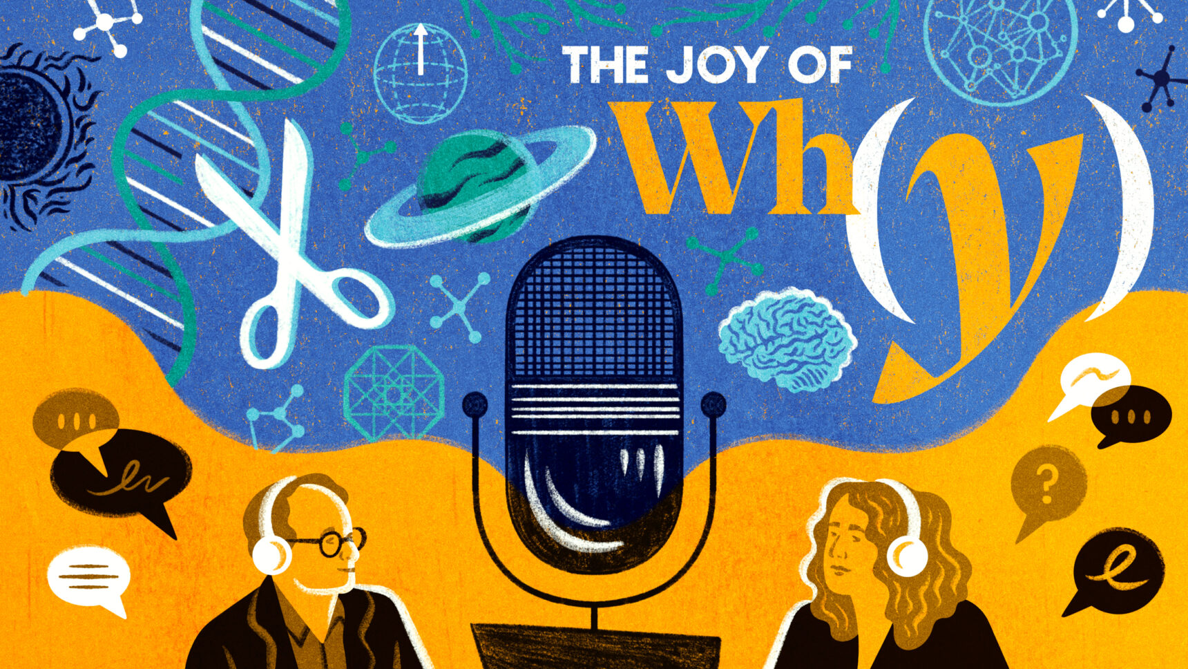 Two people speaking into a microphone surrounded by scientific symbols