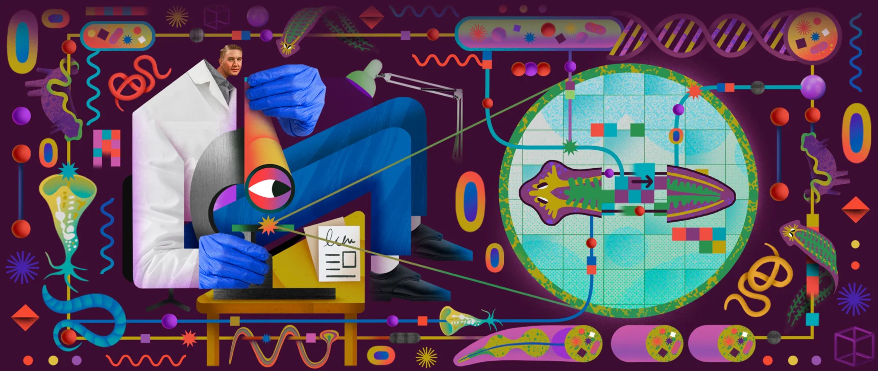 An illustration of a scientist surrounded by biological symbols
