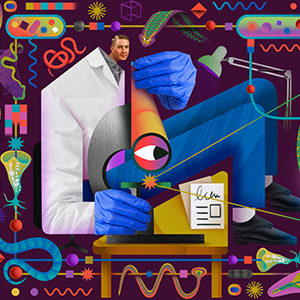 An illustration of a scientist surrounded by biological symbols