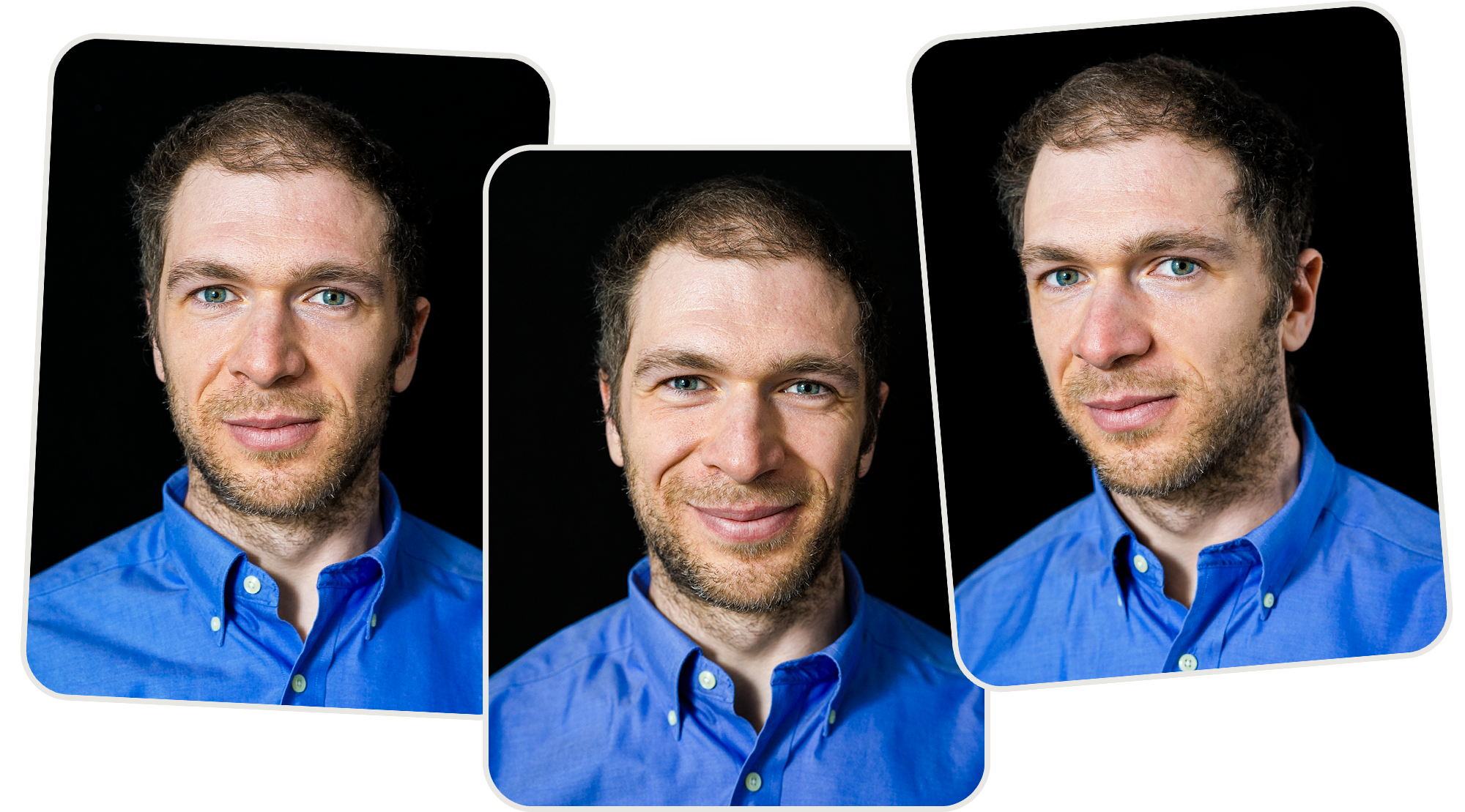 Three portraits of a man in a blue shirt.