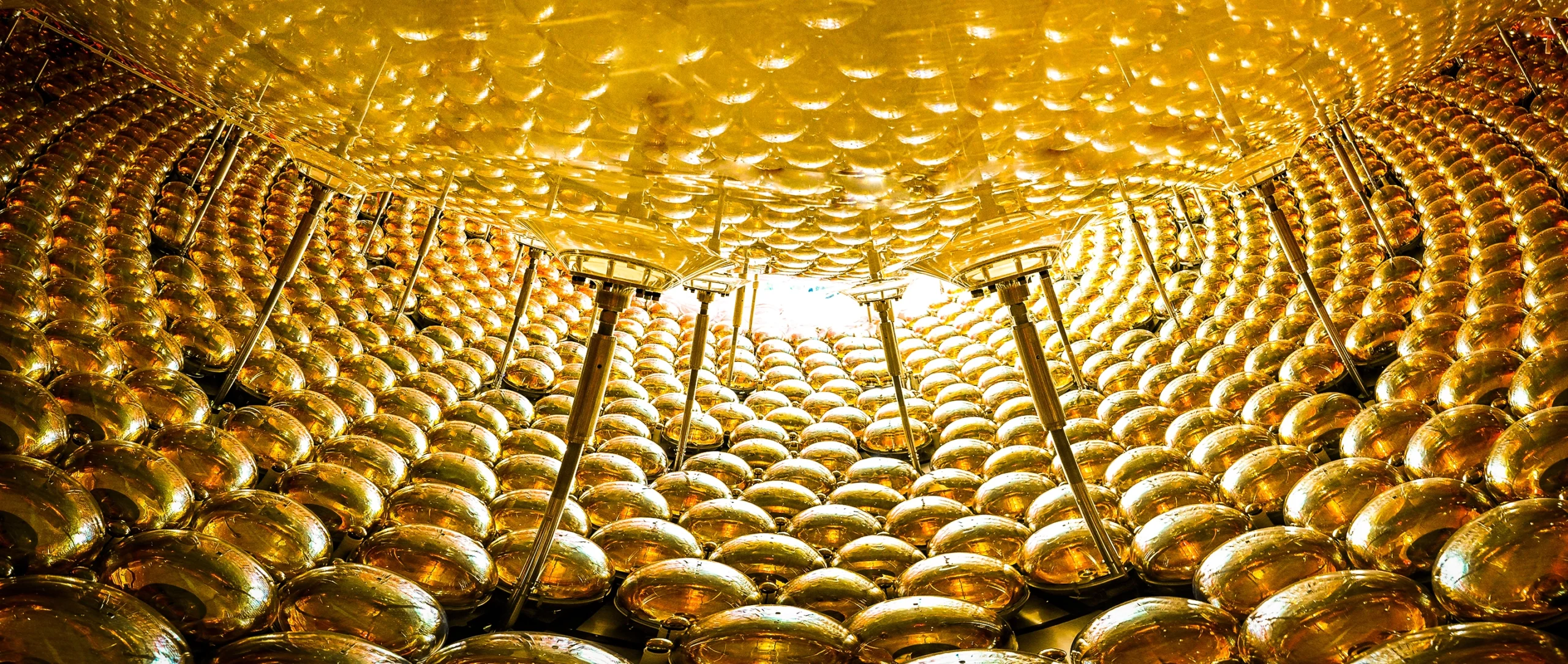 The interior of a spherical particle detector is lined with photomultipliers that resemble large, gold-tinted lightbulbs.