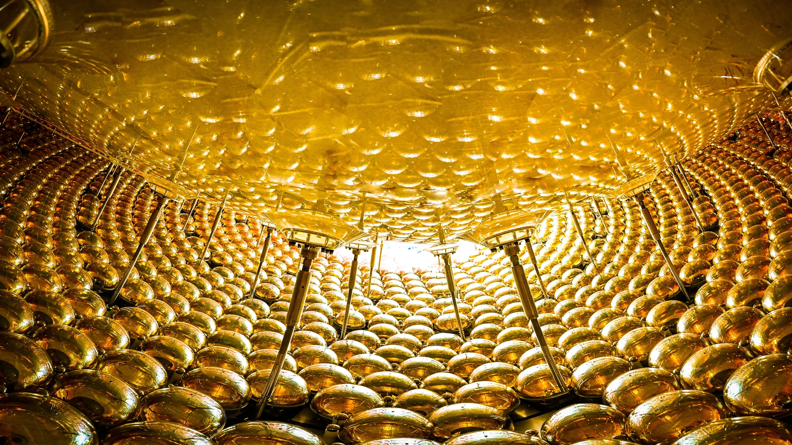 The interior of a spherical particle detector is lined with photomultipliers that resemble large, gold-tinted lightbulbs.