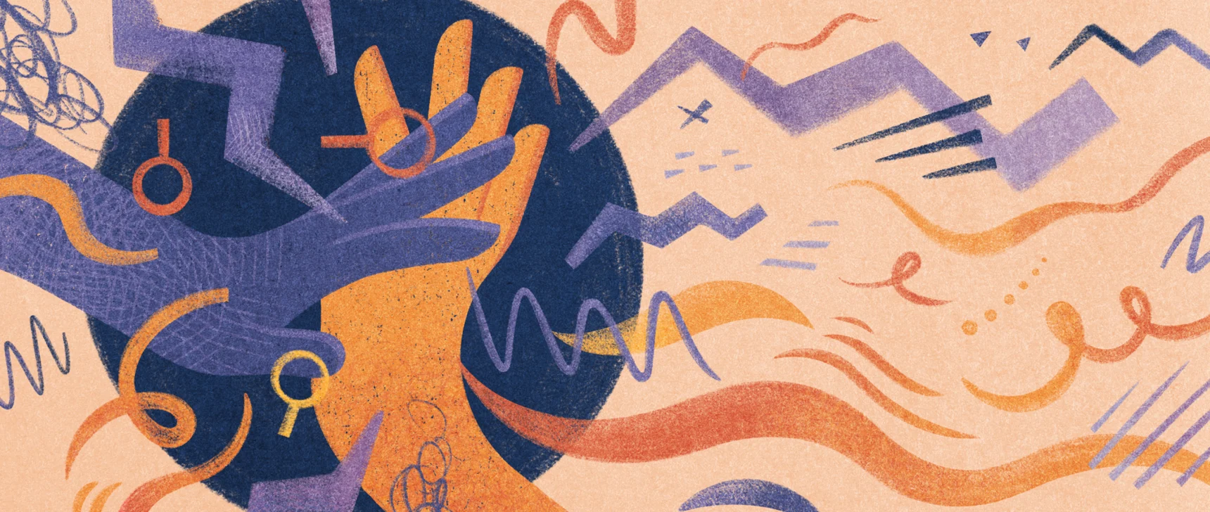 An illustration of two hands touching with particles flying