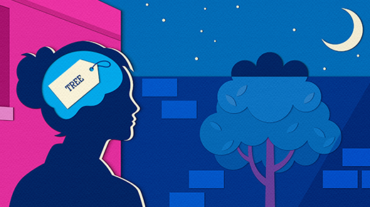 An animated illustration shows a person looking at a scalloped shape with three rounded projections peeking out above a brick wall. The person's head is depicted as containing a paper label that is blank. On the label, different words appear — clown, tree, balloons, sheep — one at a time. Just a moment after the word appears, the illustration of the object, including the scalloped shape, appears on the wall.