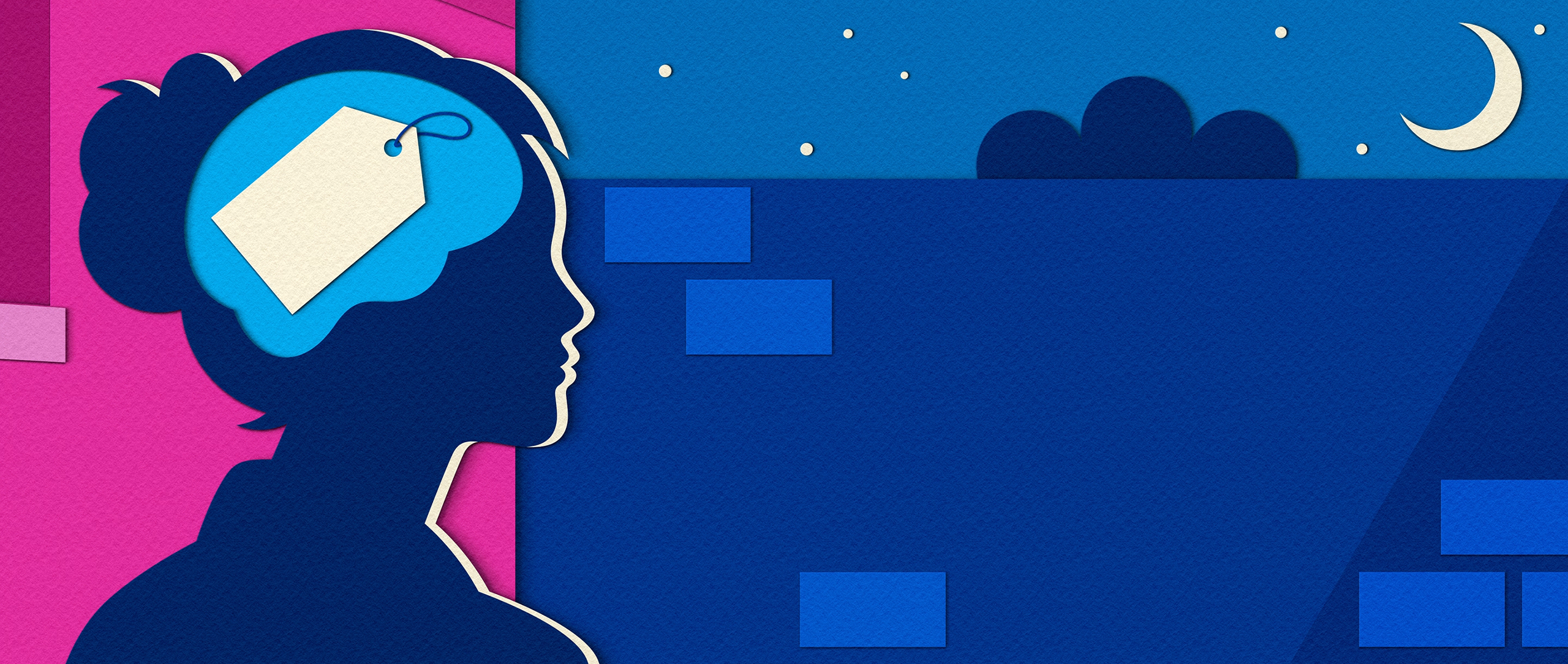 An animated illustration shows a person looking at a scalloped shape with three rounded projections peeking out above a brick wall. The person's head is depicted as containing a paper label that is blank. On the label, different words appear — clown, tree, balloons, sheep — one at a time. Just a moment after the word appears, the illustration of the object, including the scalloped shape, appears on the wall.