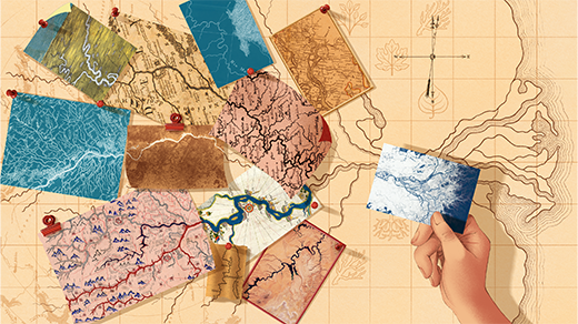 A collage that superimposes various images and depictions of rivers over a sketch of a river network. A hand holds a rotating image of deltas over where the sketched river meets the sea.