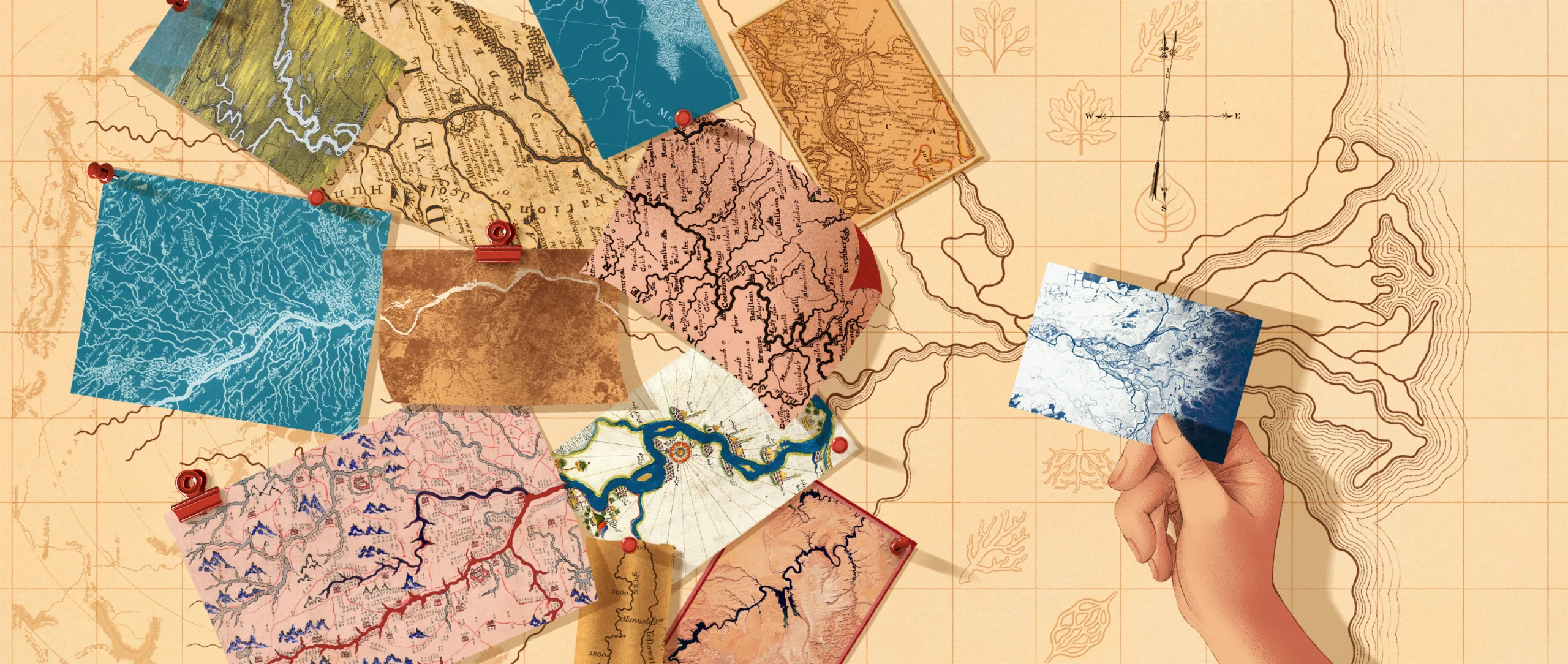 A collage that superimposes various images and depictions of rivers over a sketch of a river network. A hand holds a rotating image of deltas over where the sketched river meets the sea.