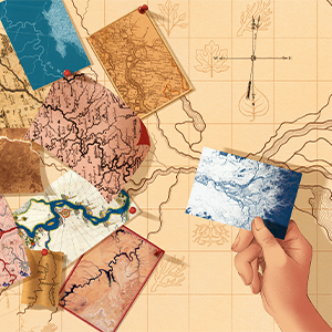 A collage that superimposes various images and depictions of rivers over a sketch of a river network. A hand holds a rotating image of deltas over where the sketched river meets the sea.