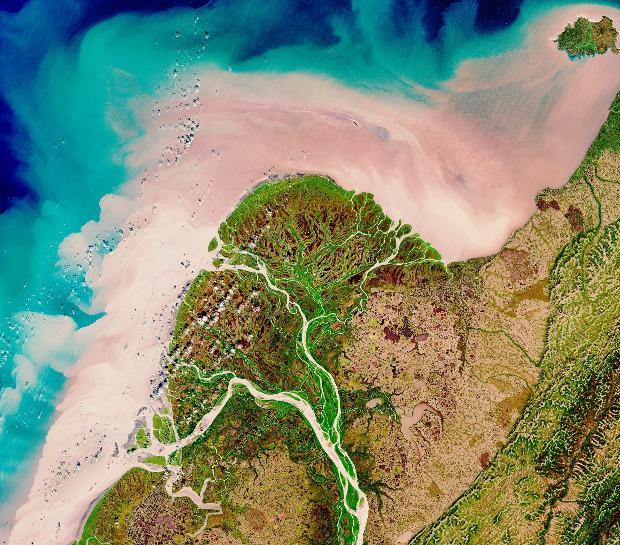 A satellite photo shows the Yukon River as it forms a massive green delta, pouring tan colored sediment into the blue Bering Sea.